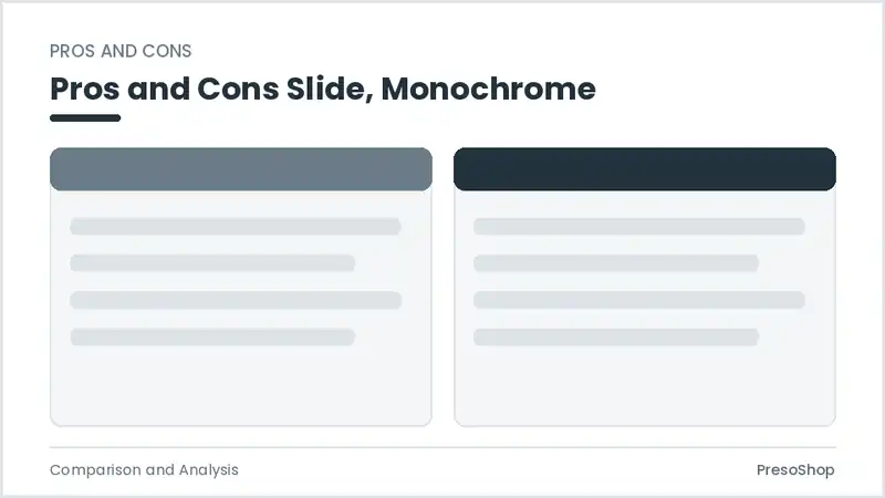 Editable PowerPoint pros and cons slide template in a monochrome treatment, built from recolourable native shapes for comparison and analysis decks