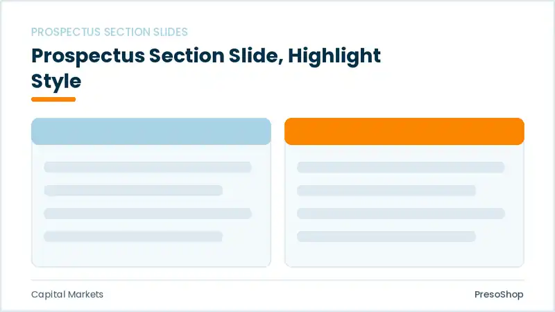 Editable PowerPoint prospectus section slide template with an accented takeaway, built from recolourable native shapes for capital markets decks