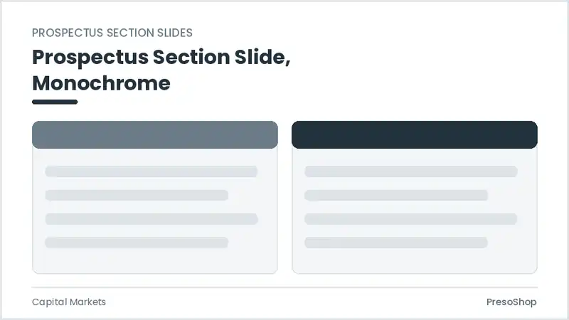 Editable PowerPoint prospectus section slide template in a monochrome treatment, built from recolourable native shapes for capital markets decks