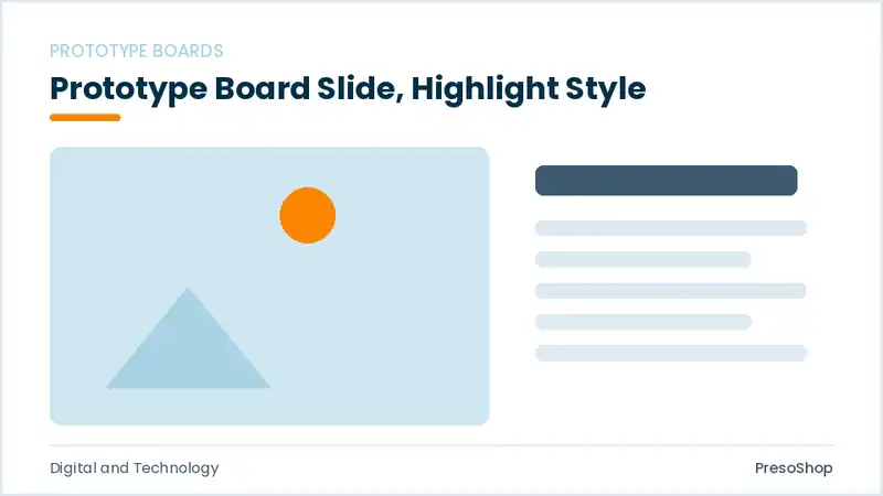 Editable PowerPoint prototype board slide template with an accented takeaway, built from recolourable native shapes for digital and technology decks