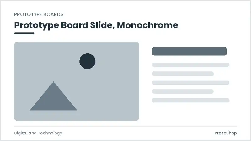 Editable PowerPoint prototype board slide template in a monochrome treatment, built from recolourable native shapes for digital and technology decks