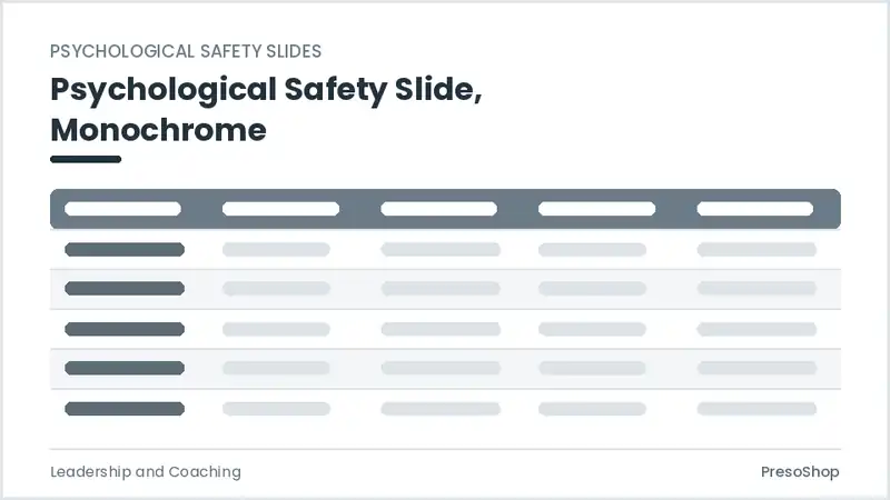 Editable PowerPoint psychological safety slide template in a monochrome treatment, built from recolourable native shapes for leadership and coaching decks