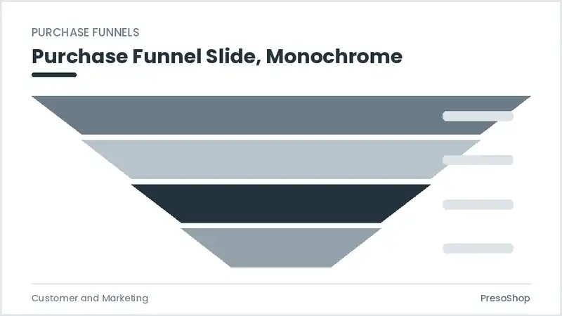 Editable PowerPoint purchase funnel slide template in a monochrome treatment, built from recolourable native shapes for customer and marketing decks