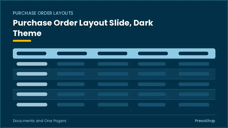 Editable PowerPoint purchase order layout slide template in a dark theme, built from recolourable native shapes for documents and one pagers decks