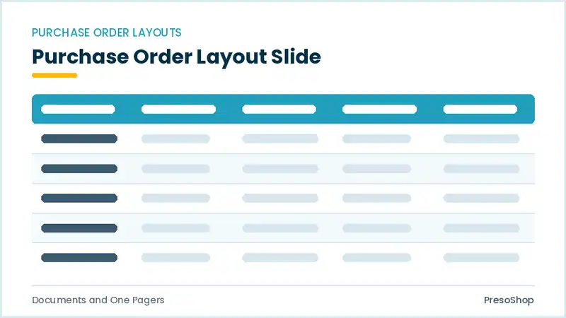 Editable PowerPoint purchase order layout slide template, built from recolourable native shapes for documents and one pagers decks