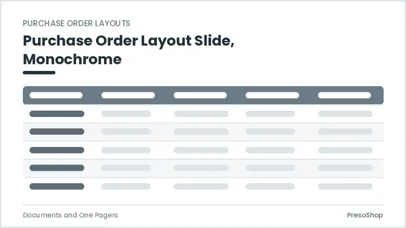 Editable PowerPoint purchase order layout slide template in a monochrome treatment, built from recolourable native shapes for documents and one pagers decks