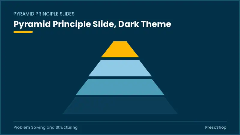 Editable PowerPoint pyramid principle slide template in a dark theme, built from recolourable native shapes for problem solving and structuring decks