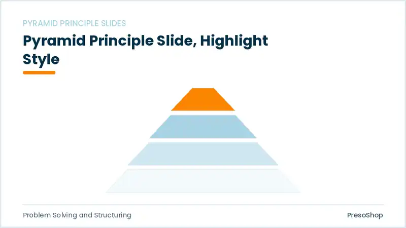 Editable PowerPoint pyramid principle slide template with an accented takeaway, built from recolourable native shapes for problem solving and structuring decks