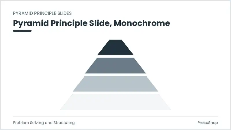 Editable PowerPoint pyramid principle slide template in a monochrome treatment, built from recolourable native shapes for problem solving and structuring decks
