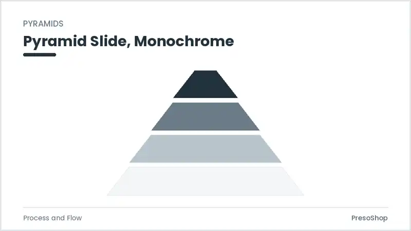 Editable PowerPoint pyramid slide template in a monochrome treatment, built from recolourable native shapes for process and flow decks