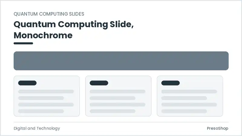 Editable PowerPoint quantum computing slide template in a monochrome treatment, built from recolourable native shapes for digital and technology decks
