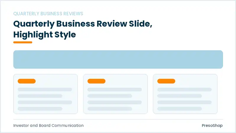 Editable PowerPoint quarterly business review slide template with an accented takeaway, built from recolourable native shapes for investor and board communication decks