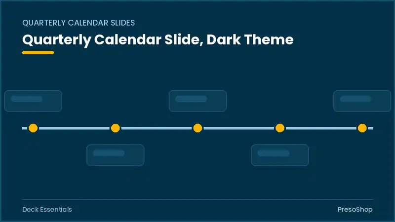 Editable PowerPoint quarterly calendar slide template in a dark theme, built from recolourable native shapes for deck essentials decks