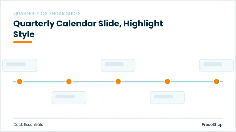 Editable PowerPoint quarterly calendar slide template with an accented takeaway, built from recolourable native shapes for deck essentials decks