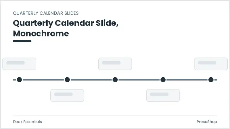 Editable PowerPoint quarterly calendar slide template in a monochrome treatment, built from recolourable native shapes for deck essentials decks