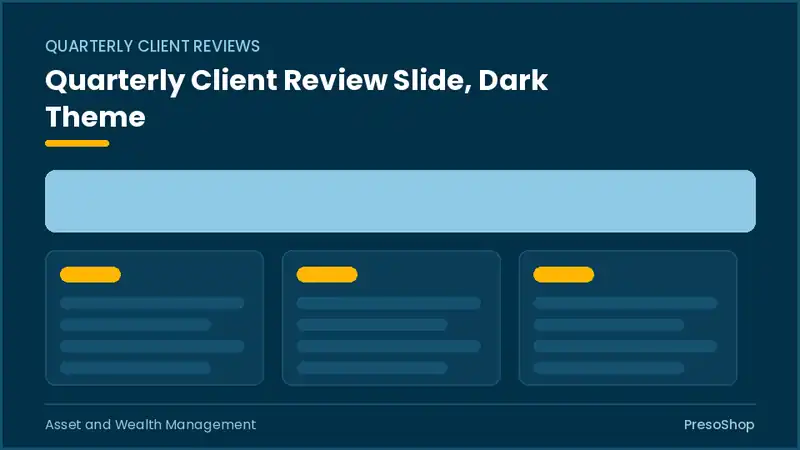 Editable PowerPoint quarterly client review slide template in a dark theme, built from recolourable native shapes for asset and wealth management decks