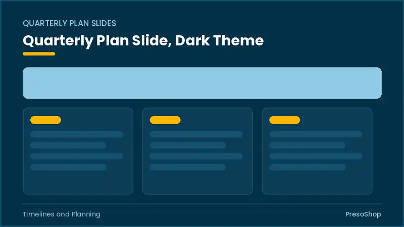 Editable PowerPoint quarterly plan slide template in a dark theme, built from recolourable native shapes for timelines and planning decks