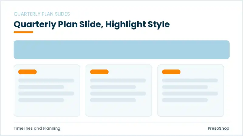 Editable PowerPoint quarterly plan slide template with an accented takeaway, built from recolourable native shapes for timelines and planning decks