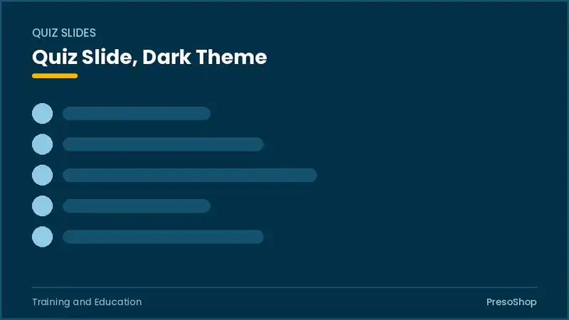 Editable PowerPoint quiz slide template in a dark theme, built from recolourable native shapes for training and education decks