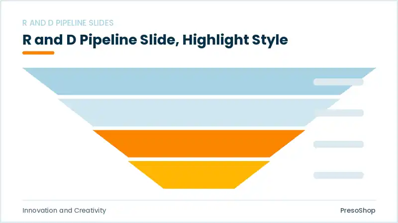 Editable PowerPoint r and d pipeline slide template with an accented takeaway, built from recolourable native shapes for innovation and creativity decks