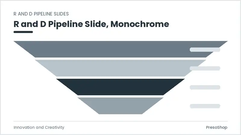 Editable PowerPoint r and d pipeline slide template in a monochrome treatment, built from recolourable native shapes for innovation and creativity decks