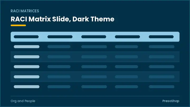 Editable PowerPoint raci matrix slide template in a dark theme, built from recolourable native shapes for org and people decks