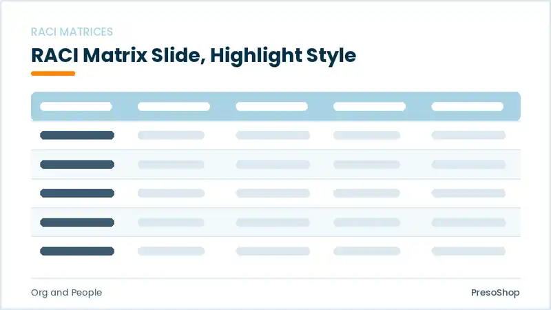 Editable PowerPoint raci matrix slide template with an accented takeaway, built from recolourable native shapes for org and people decks