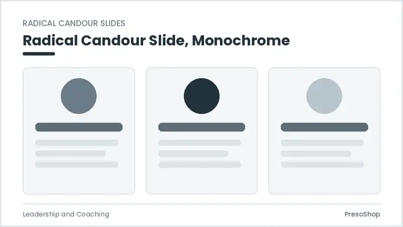Editable PowerPoint radical candour slide template in a monochrome treatment, built from recolourable native shapes for leadership and coaching decks