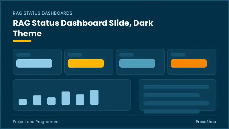 Editable PowerPoint rag status dashboard slide template in a dark theme, built from recolourable native shapes for project and programme decks