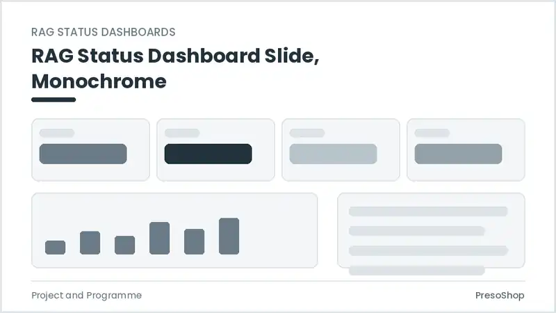 Editable PowerPoint rag status dashboard slide template in a monochrome treatment, built from recolourable native shapes for project and programme decks