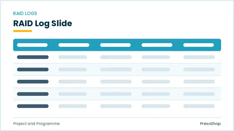 Editable PowerPoint raid log slide template, built from recolourable native shapes for project and programme decks