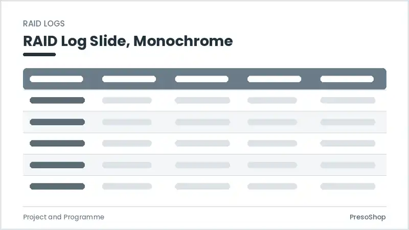 Editable PowerPoint raid log slide template in a monochrome treatment, built from recolourable native shapes for project and programme decks