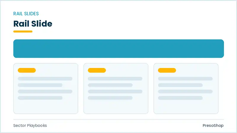 Editable PowerPoint rail slide template, built from recolourable native shapes for sector playbooks decks