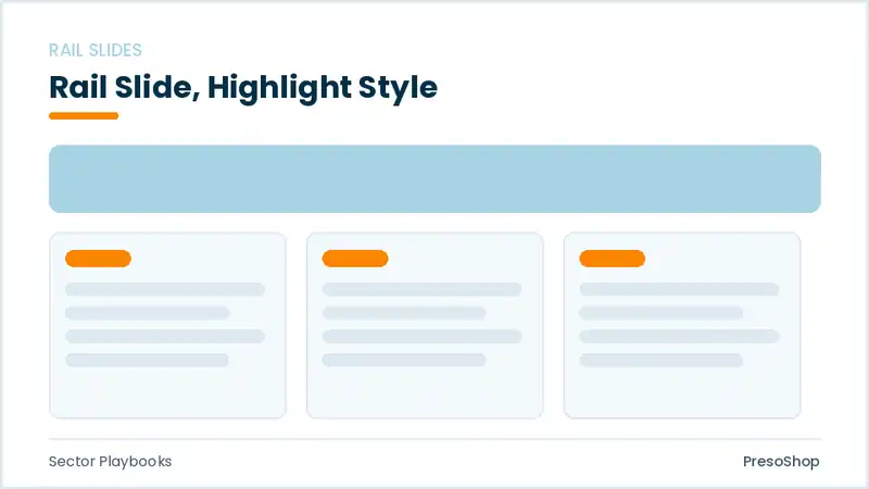 Editable PowerPoint rail slide template with an accented takeaway, built from recolourable native shapes for sector playbooks decks