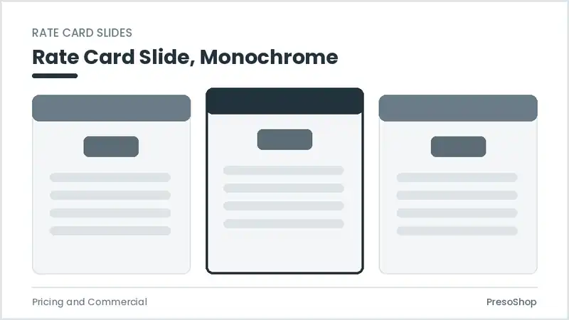 Editable PowerPoint rate card slide template in a monochrome treatment, built from recolourable native shapes for pricing and commercial decks