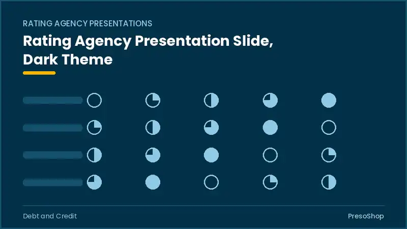 Editable PowerPoint rating agency presentation slide template in a dark theme, built from recolourable native shapes for debt and credit decks