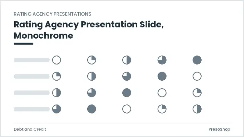 Editable PowerPoint rating agency presentation slide template in a monochrome treatment, built from recolourable native shapes for debt and credit decks