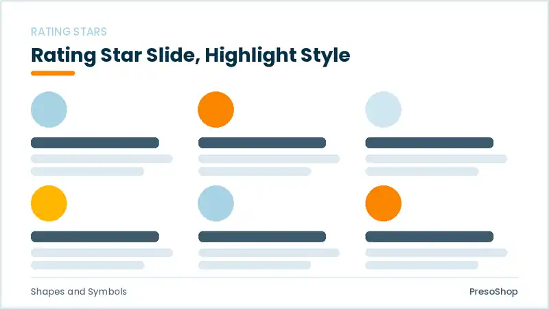Editable PowerPoint rating star slide template with an accented takeaway, built from recolourable native shapes for shapes and symbols decks