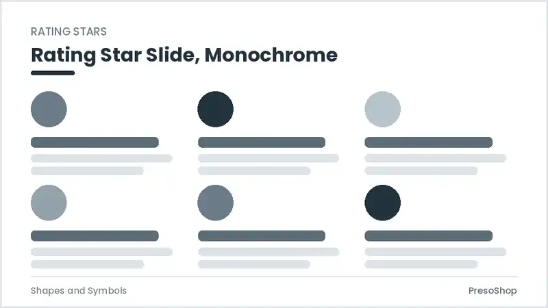 Editable PowerPoint rating star slide template in a monochrome treatment, built from recolourable native shapes for shapes and symbols decks