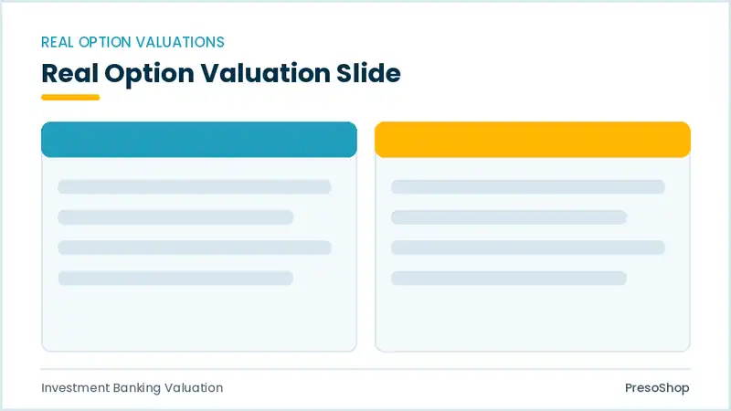 Editable PowerPoint real option valuation slide template, built from recolourable native shapes for investment banking valuation decks