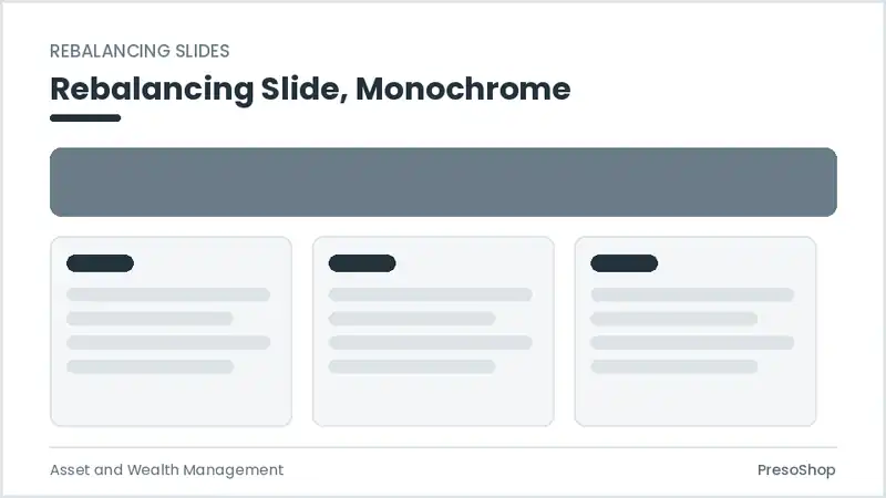 Editable PowerPoint rebalancing slide template in a monochrome treatment, built from recolourable native shapes for asset and wealth management decks