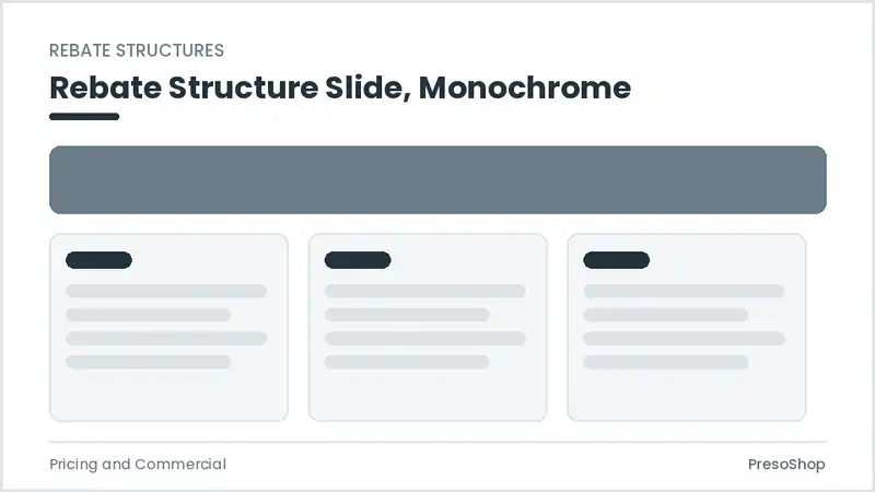 Editable PowerPoint rebate structure slide template in a monochrome treatment, built from recolourable native shapes for pricing and commercial decks