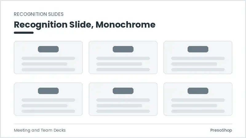 Editable PowerPoint recognition slide template in a monochrome treatment, built from recolourable native shapes for meeting and team decks decks