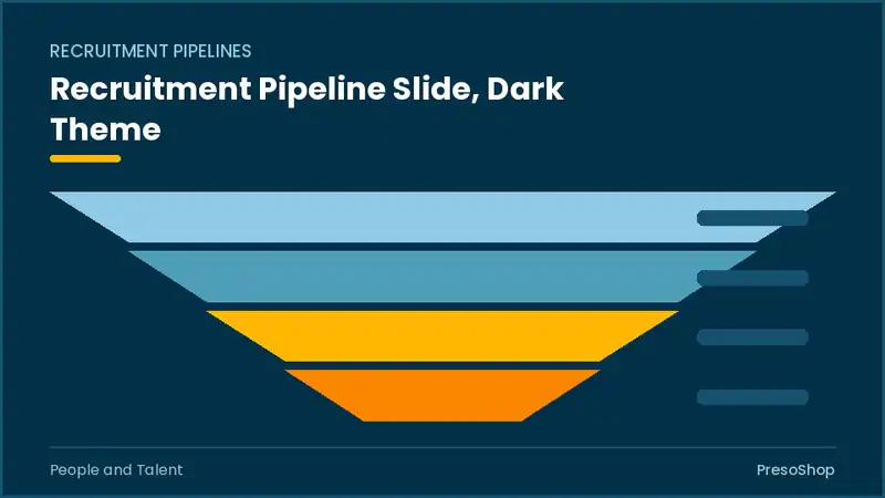 Editable PowerPoint recruitment pipeline slide template in a dark theme, built from recolourable native shapes for people and talent decks