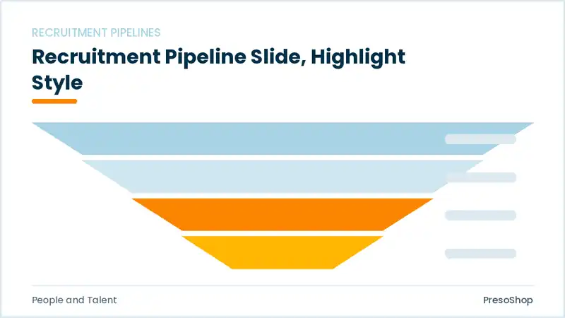Editable PowerPoint recruitment pipeline slide template with an accented takeaway, built from recolourable native shapes for people and talent decks