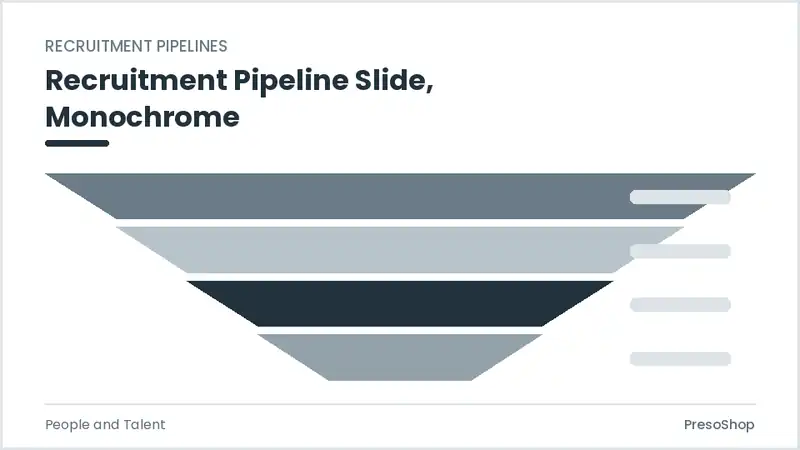 Editable PowerPoint recruitment pipeline slide template in a monochrome treatment, built from recolourable native shapes for people and talent decks