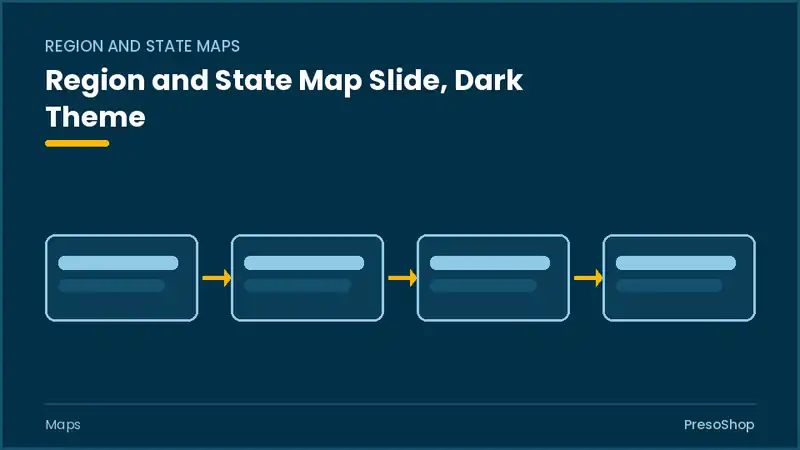 Editable PowerPoint region and state map slide template in a dark theme, built from recolourable native shapes for maps decks