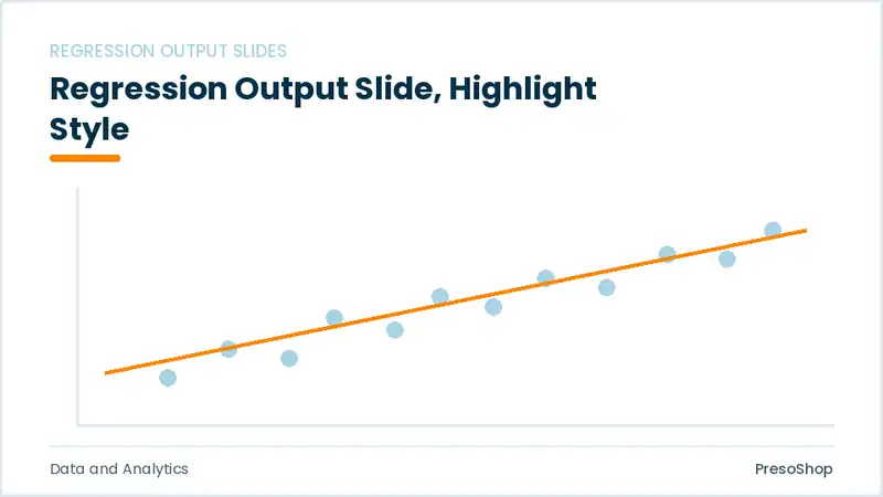 Editable PowerPoint regression output slide template with an accented takeaway, built from recolourable native shapes for data and analytics decks