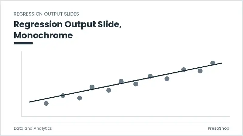 Editable PowerPoint regression output slide template in a monochrome treatment, built from recolourable native shapes for data and analytics decks