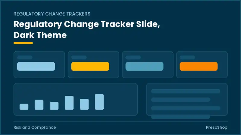 Editable PowerPoint regulatory change tracker slide template in a dark theme, built from recolourable native shapes for risk and compliance decks